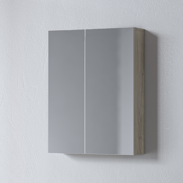 Ο Καθρέφτης OMEGA BEIGE OAK 55 με ντουλάπια 55x14x65 cm προσφέρει κομψότητα και λειτουργικότητα στο μπάνιο σας, με δύο πόρτες και εσωτερικό ράφι για οργανωμένη αποθήκευση.