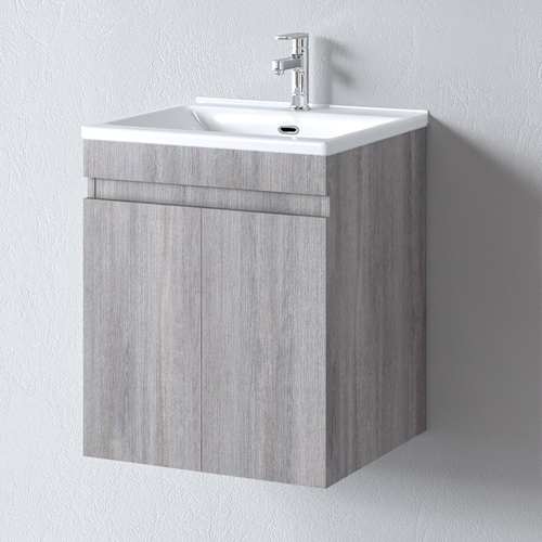 Ανανεώστε το μπάνιο σας με τον Πάγκο OMEGA GREY OAK 55: κρεμαστός πάγκος με μεγάλο ντουλάπι και νιπτήρα ETNA 55 σε λευκή πορσελάνινη υφή. Μοντέρνος, εργονομικός και έτοιμος για χρήση, με γκρι-ξύλινη αισθητική.