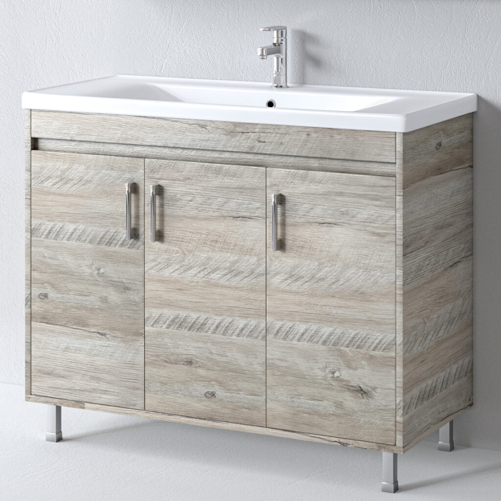 Πάγκος μπάνιου SAVINA NATURAL OAK 100 με νιπτήρα SQUARE. Μοντέρνος σχεδιασμός, αποθηκευτικοί χώροι και φυσική όψη ξύλου.