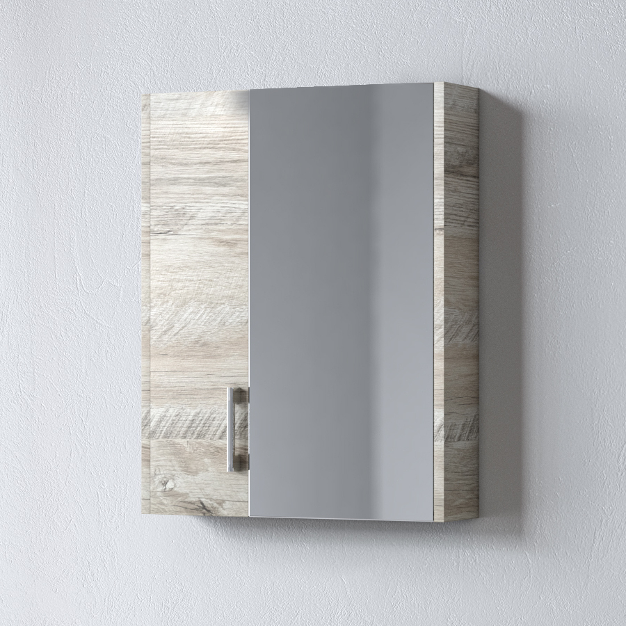 Καθρέφτης SAVINA NATURAL OAK 55 με διπλά ντουλάπια, εσωτερικά ράφια και εργονομικό σχεδιασμό. Μοντέρνος, κομψός και έτοιμος συναρμολογημένος για οργανωμένο μπάνιο.