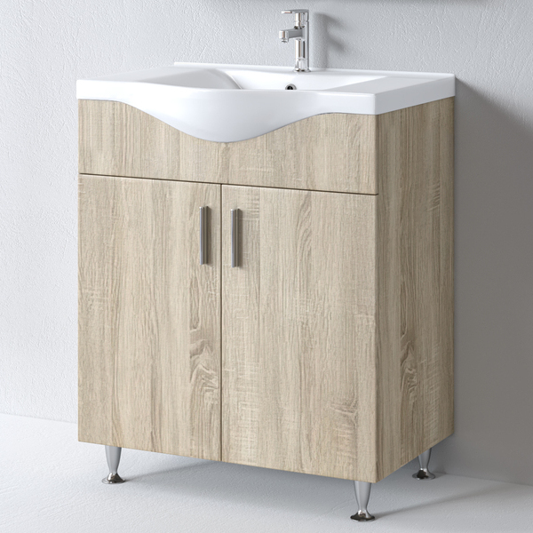 Ο Πάγκος SIENA SONOMA 75 με νιπτήρα BASIC 75 προσφέρει μοντέρνο design, άνετους αποθηκευτικούς χώρους και υψηλής ποιότητας πορσελάνινο νιπτήρα. Ιδανικό για κάθε τύπο μπάνιου με ζεστή, φυσική όψη ξύλου.