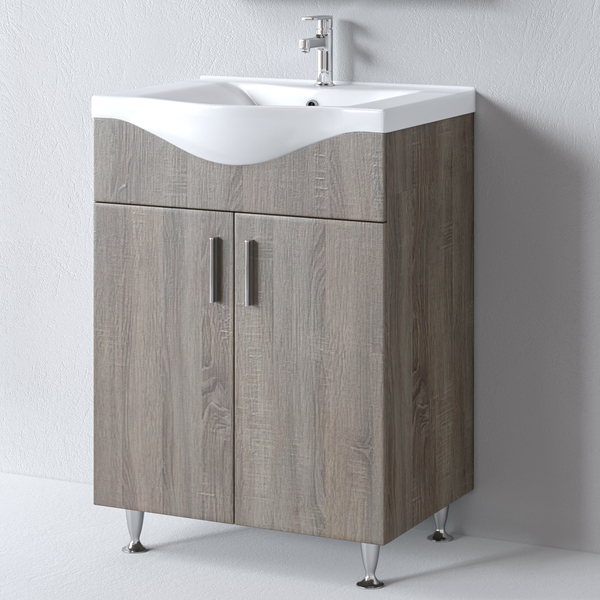 Ο Πάγκος SIENA SONOMA DARK 65 συνδυάζει κομψό design σε σκούρα απόχρωση ξύλου με πρακτικότητα: πάγκος με ποδαράκια, ντουλάπι και νιπτήρας BASIC 65 υψηλής ποιότητας.
