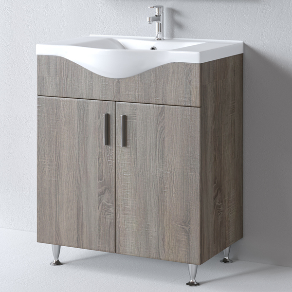 Ο Πάγκος SIENA SONOMA DARK 75 συνδυάζει μοντέρνο design και πρακτικότητα: πάγκος με ποδαράκια, ευρύχωρο ντουλάπι και νιπτήρας BASIC 75 υψηλής ποιότητας. Ιδανικός για κομψά και λειτουργικά μπάνια.