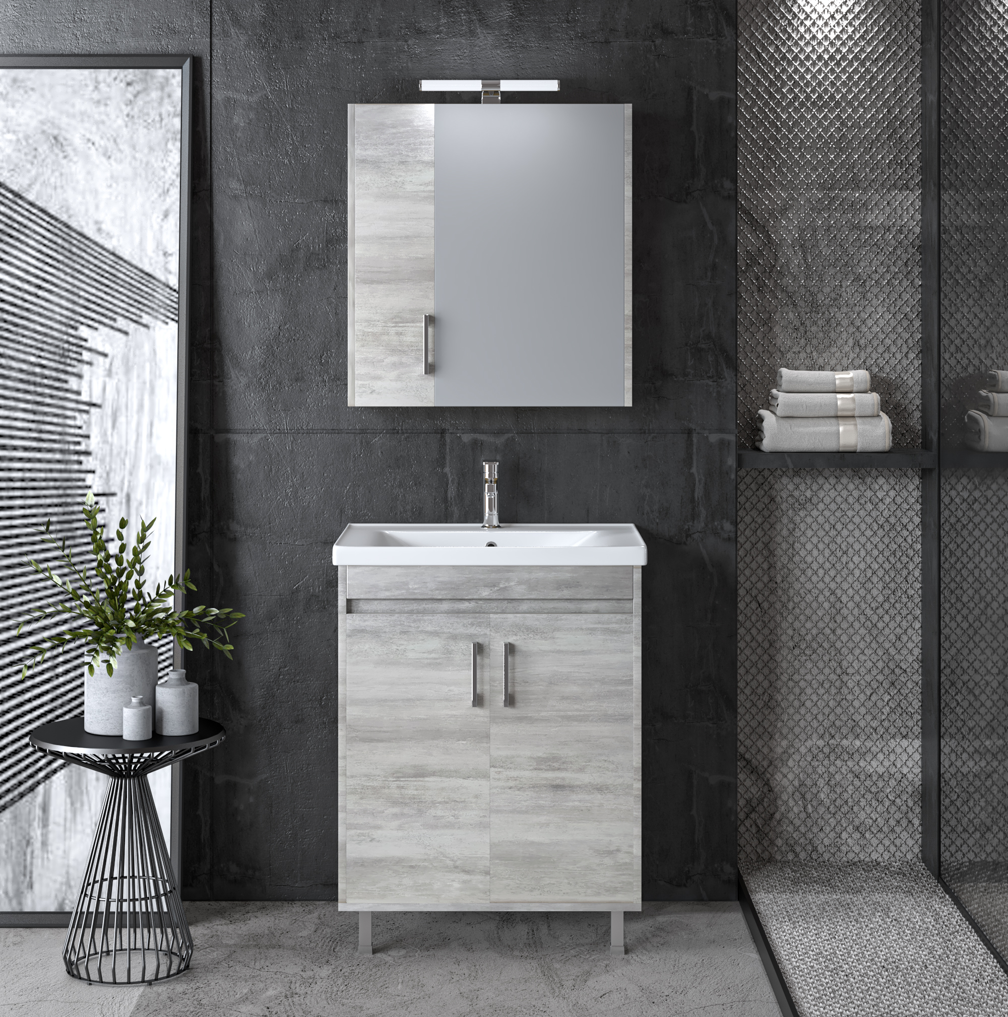 Το SAVINA CEMENT 65 συνδυάζει μίνιμαλ design και πρακτικότητα. Διαθέτει ευρύχωρους αποθηκευτικούς χώρους, νιπτήρα SQUARE 65 και καθρέφτη με έξτρα ντουλάπι, προσφέροντας κομψότητα και λειτουργικότητα στο μπάνιο σας.