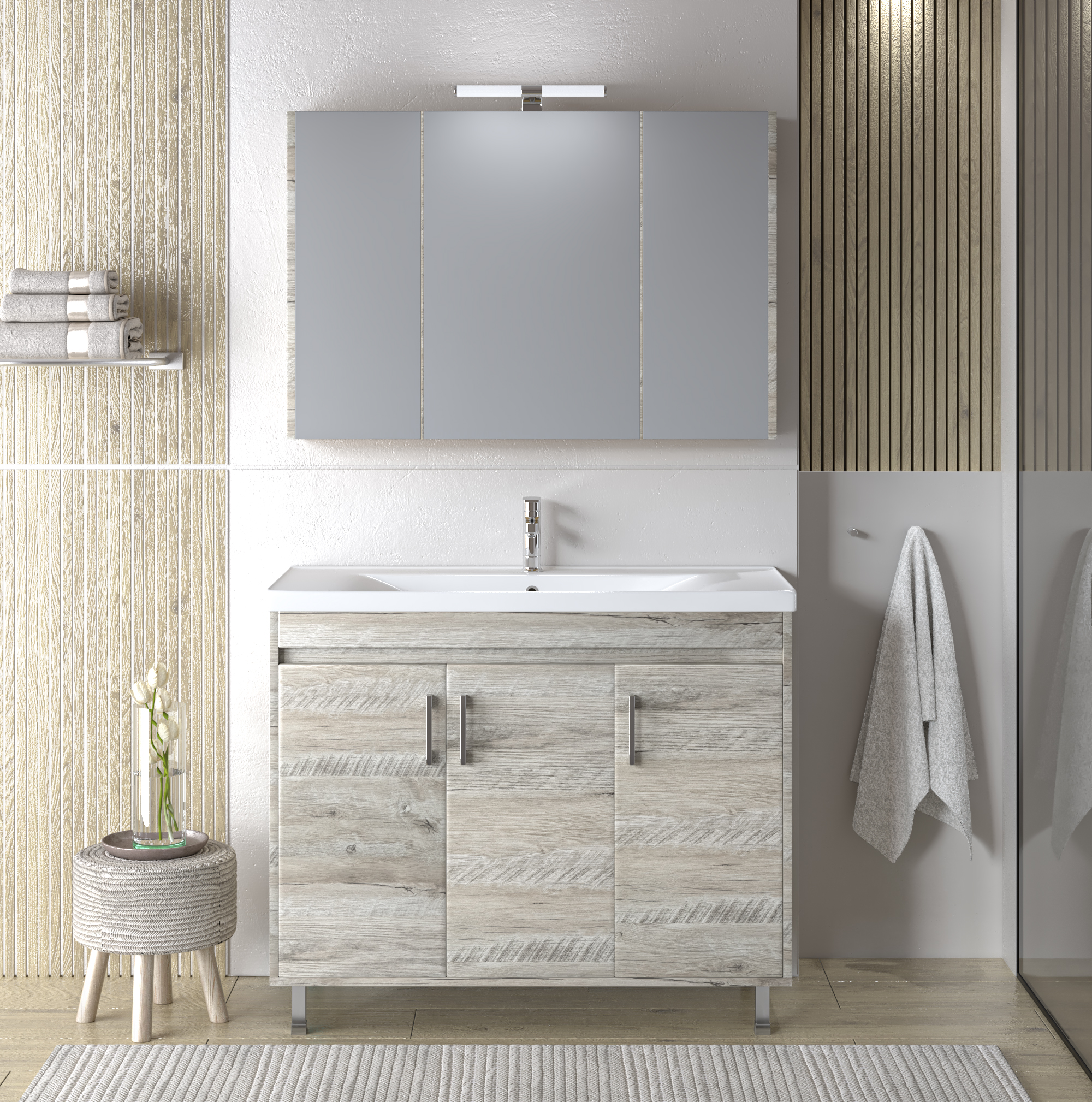 Σετ μπάνιου SAVINA NATURAL OAK 100 με πάγκο, τρίπορτο καθρέφτη και νιπτήρα SQUARE. Μοντέρνο design σε φυσική απόχρωση ξύλου, με πρακτικούς αποθηκευτικούς χώρους.
