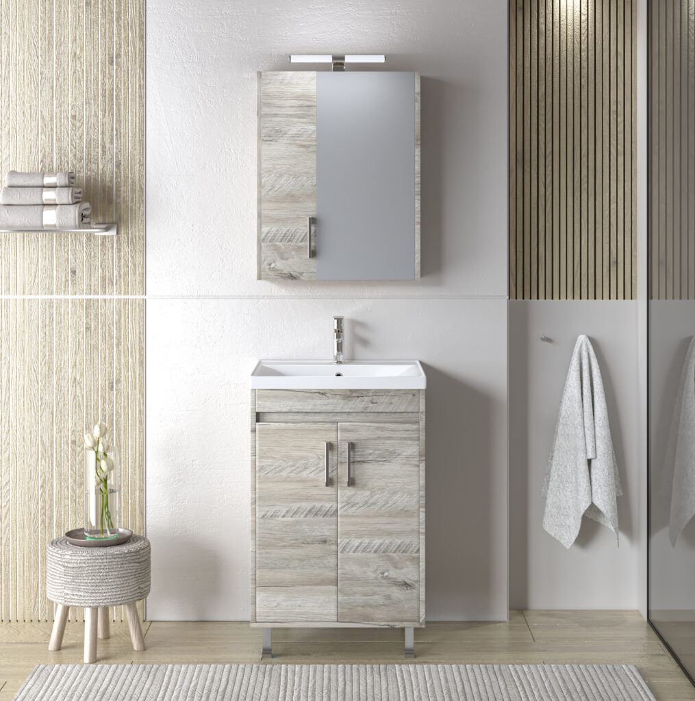 Το Σετ Έπιπλο Μπάνιου SAVINA NATURAL OAK 55 συνδυάζει μοντέρνο design και εργονομία: κρεμαστός ή με ποδαράκια πάγκος με μεγάλο ντουλάπι, δίπορτος καθρέφτης με ράφι και νιπτήρας SQUARE 55 σε υψηλής ποιότητας πορσελάνη. Μοντέρνο, λειτουργικό και έτοιμο για χρήση.