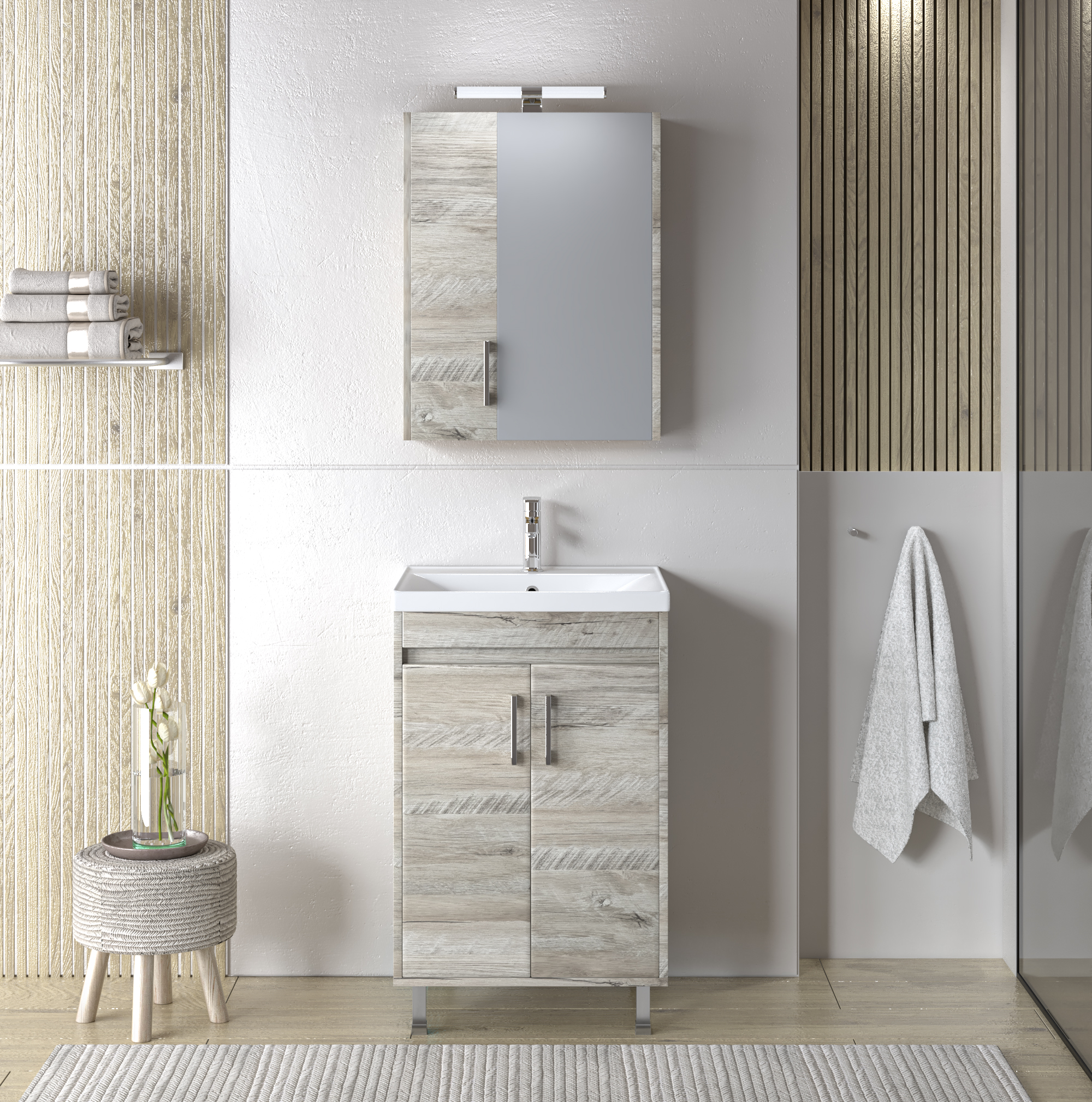 Το Σετ Έπιπλο Μπάνιου SAVINA NATURAL OAK 55 συνδυάζει μοντέρνο design και εργονομία: κρεμαστός ή με ποδαράκια πάγκος με μεγάλο ντουλάπι, δίπορτος καθρέφτης με ράφι και νιπτήρας SQUARE 55 σε υψηλής ποιότητας πορσελάνη. Μοντέρνο, λειτουργικό και έτοιμο για χρήση.