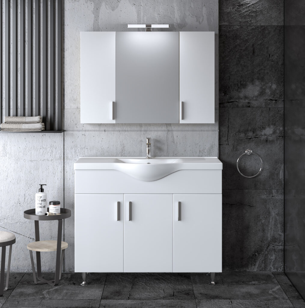 Σετ μπάνιου SIENA WHITE 100 με μεγάλο αποθηκευτικό χώρο, καθρέφτη με ντουλάπια και νιπτήρα πορσελάνης. Ιδανικό για ευρύχωρα μπάνια.