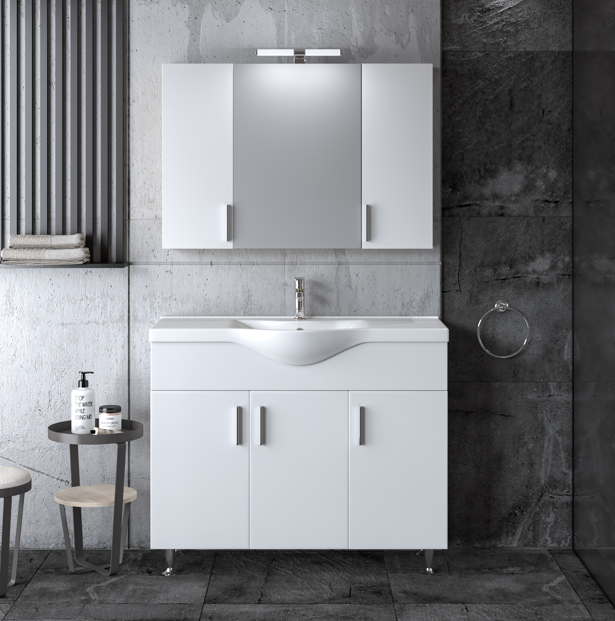 Σετ μπάνιου SIENA WHITE 100 με μεγάλο αποθηκευτικό χώρο, καθρέφτη με ντουλάπια και νιπτήρα πορσελάνης. Ιδανικό για ευρύχωρα μπάνια.