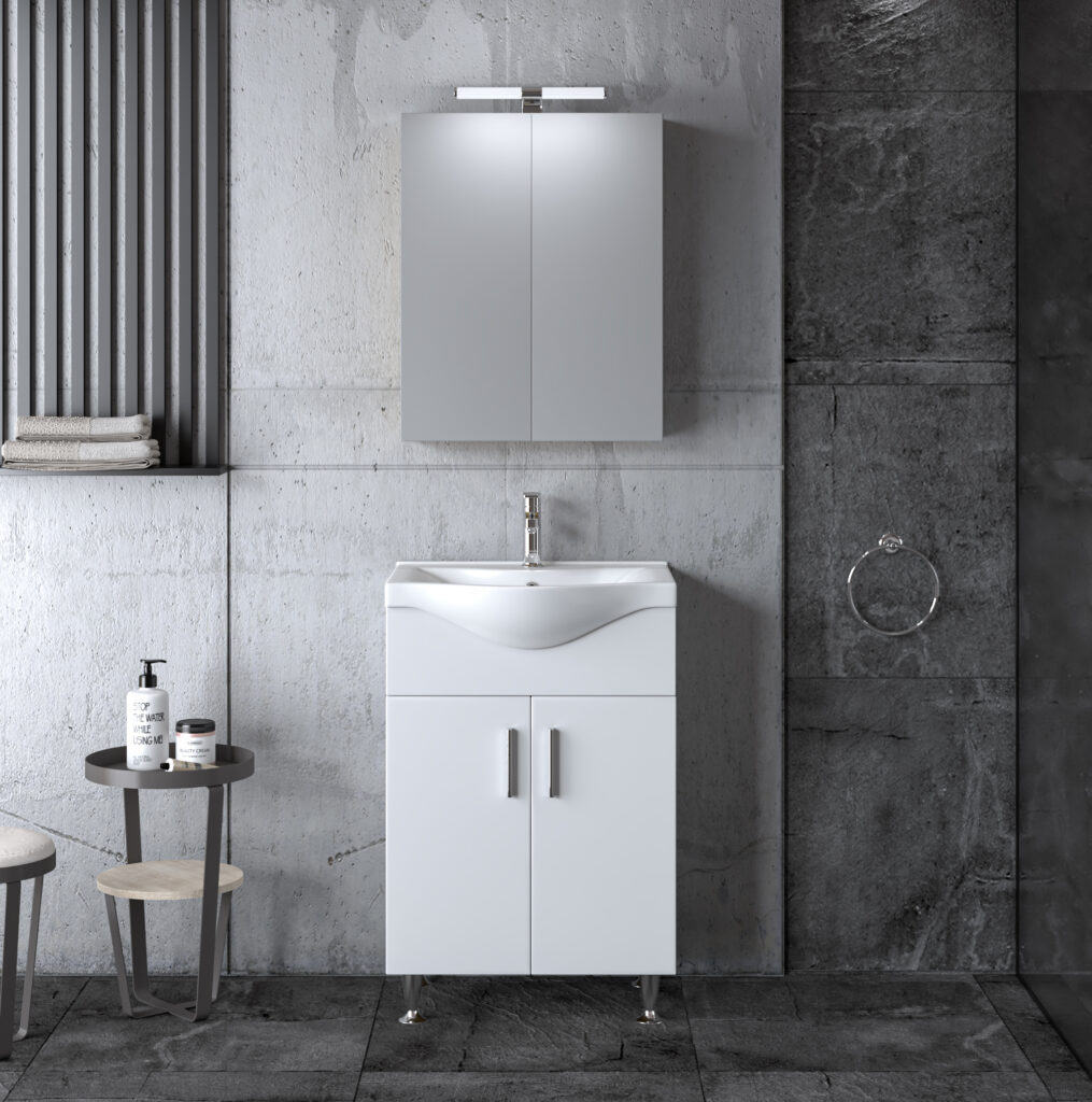 Σετ μπάνιου SIENA WHITE 65 με πάγκο, καθρέφτη και νιπτήρα πορσελάνης. Ιδανικό για μικρούς χώρους με μοντέρνο design και πρακτική αποθήκευση.