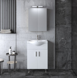 Σετ μπάνιου SIENA WHITE 65 με πάγκο, καθρέφτη και νιπτήρα πορσελάνης. Ιδανικό για μικρούς χώρους με μοντέρνο design και πρακτική αποθήκευση.