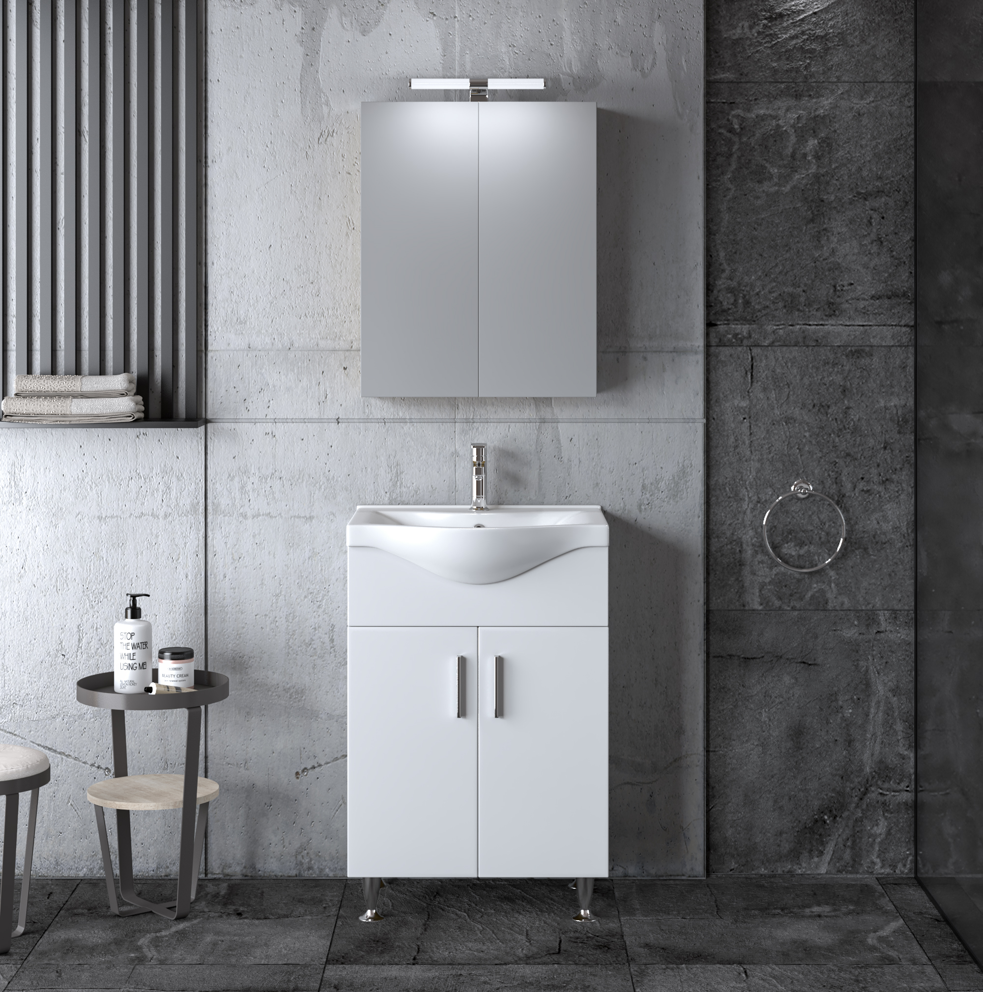 Σετ μπάνιου SIENA WHITE 65 με πάγκο, καθρέφτη και νιπτήρα πορσελάνης. Ιδανικό για μικρούς χώρους με μοντέρνο design και πρακτική αποθήκευση.