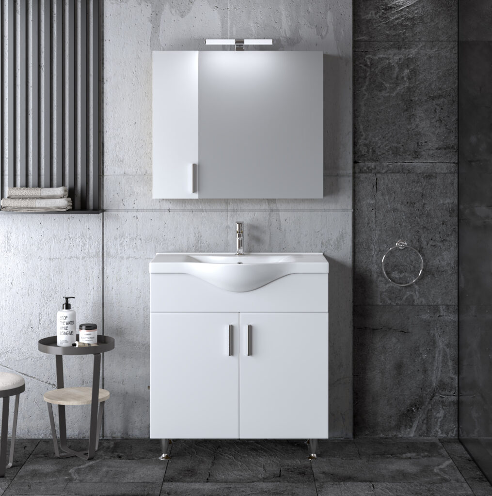 Σετ μπάνιου SIENA WHITE 75 με πάγκο, καθρέφτη με ντουλάπια και νιπτήρα πορσελάνης. Ιδανικό για μεσαία μπάνια με μοντέρνο design και πρακτικούς χώρους αποθήκευσης.