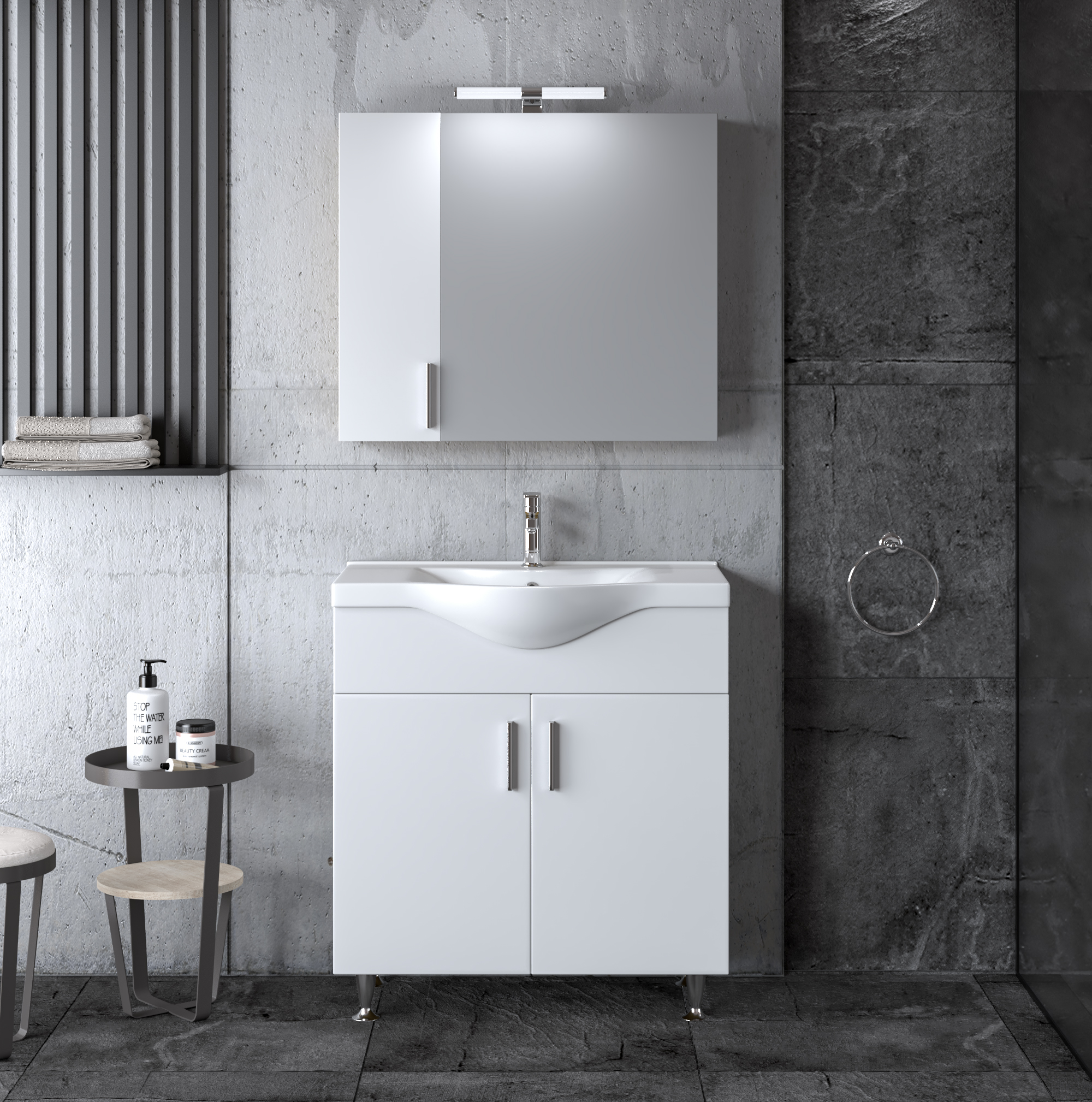 Σετ μπάνιου SIENA WHITE 75 με πάγκο, καθρέφτη με ντουλάπια και νιπτήρα πορσελάνης. Ιδανικό για μεσαία μπάνια με μοντέρνο design και πρακτικούς χώρους αποθήκευσης.