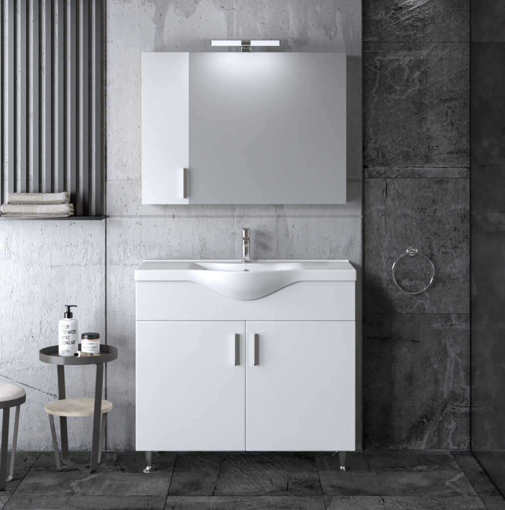 Ολοκληρωμένο σετ μπάνιου SIENA WHITE 90 με πάγκο, καθρέφτη και νιπτήρα πορσελάνης. Μοντέρνος σχεδιασμός, αποθηκευτικοί χώροι και soft-close μηχανισμοί.