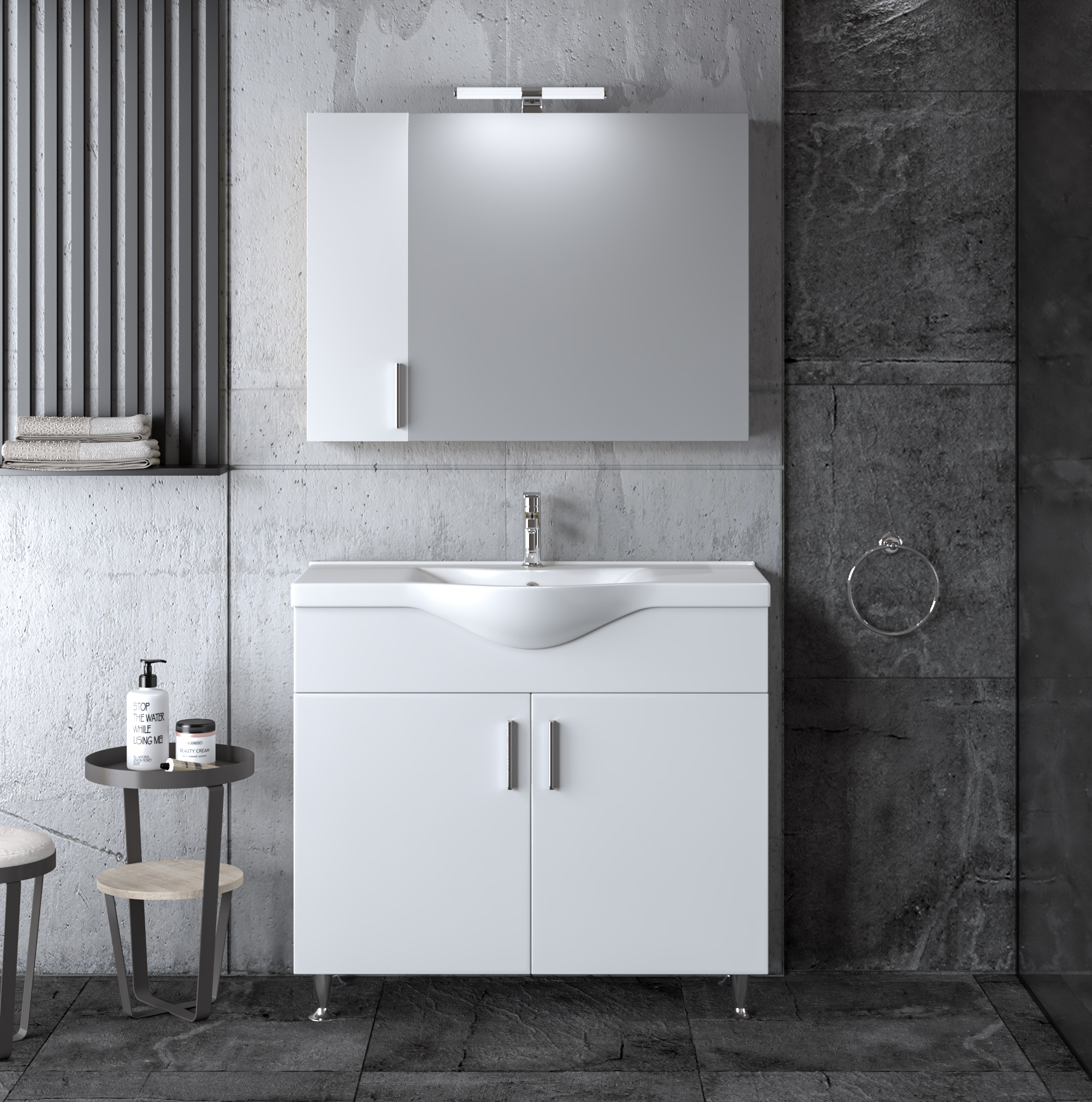Ολοκληρωμένο σετ μπάνιου SIENA WHITE 90 με πάγκο, καθρέφτη και νιπτήρα πορσελάνης. Μοντέρνος σχεδιασμός, αποθηκευτικοί χώροι και soft-close μηχανισμοί.