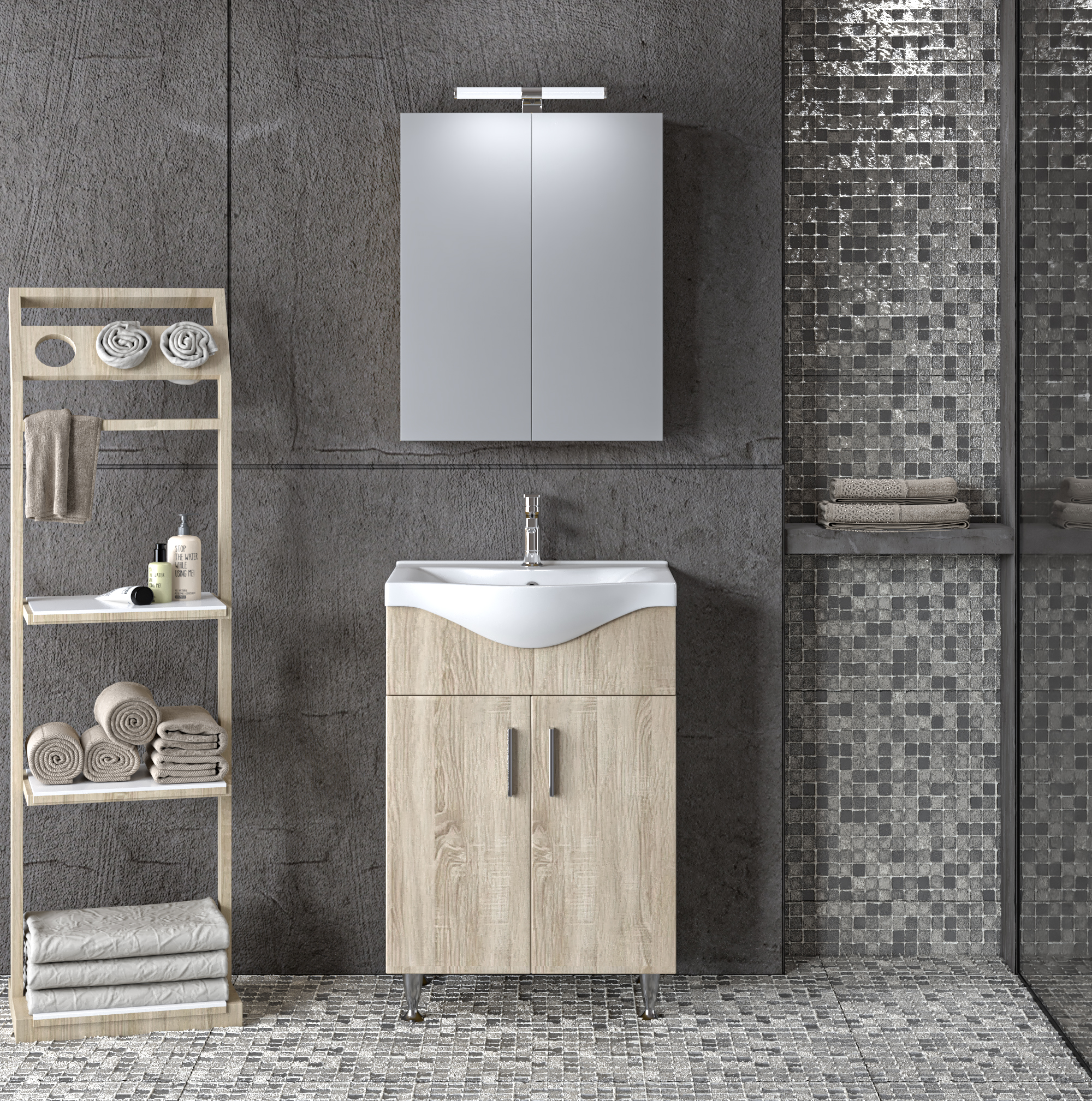 Σετ επίπλου μπάνιου SIENA Sonoma 55 compact με φυσική ξύλινη όψη
