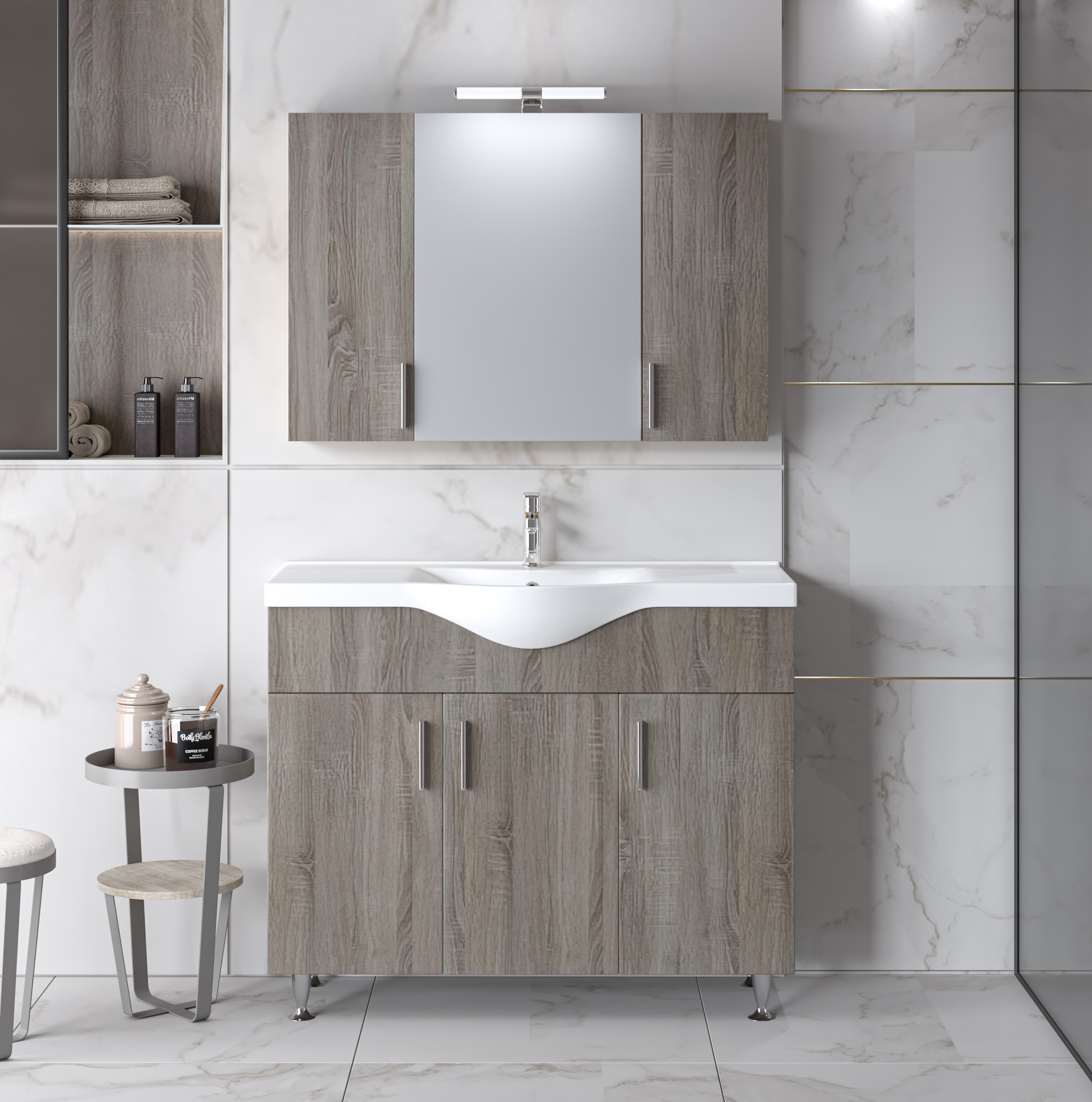 Το σετ SIENA SONOMA DARK 100 προσφέρει μοντέρνο design, νιπτήρα BASIC 100 και ευρύχωρα ντουλάπια για κομψό και οργανωμένο μπάνιο.